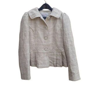 Vtg Tweed Cream Blazer‎ Sz S Old Money Jackie O Window Pane Plaid Retro 60s